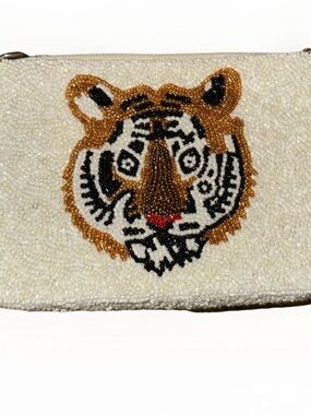 Beaded Tiger Face Clutch - White